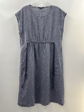Kal Rieman Women’s Cap Sleeve Blue Linen Shift Dress Drawstring Front Size Small