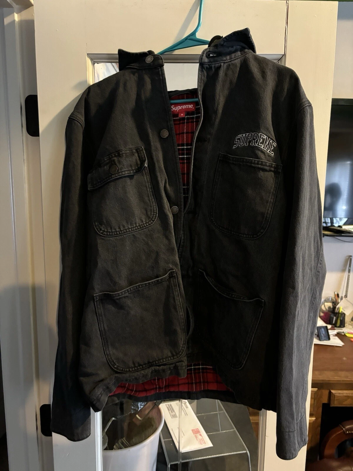 Manteau de corvée à capuche en denim logo Supreme Arc taille M 2017 FW17