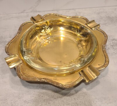 Brass & Glass Ashtray Set 8'' Octagon Shaped, 1''H 2-pc. Cigar Trinket Dish MCM 