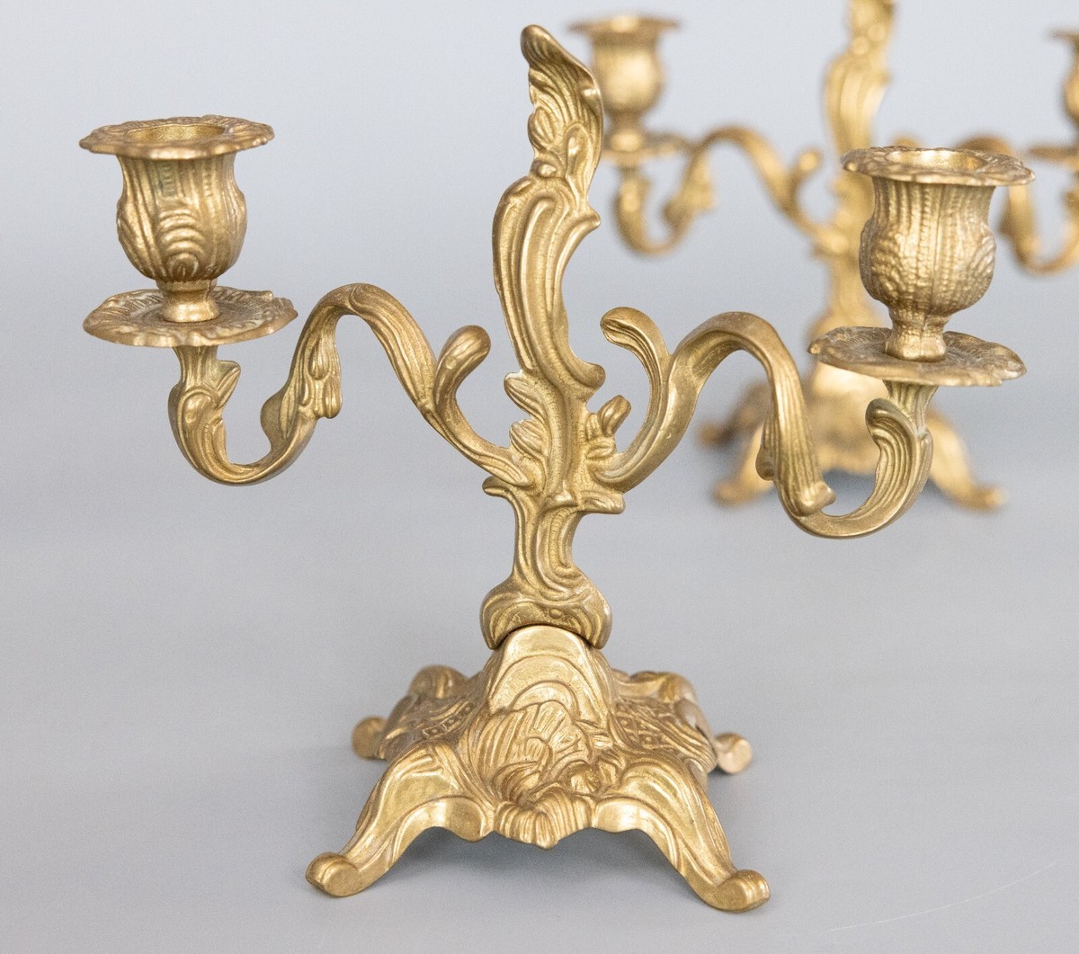 Pair of Vintage Italian Rococo Gilt Brass Candelabras Candle