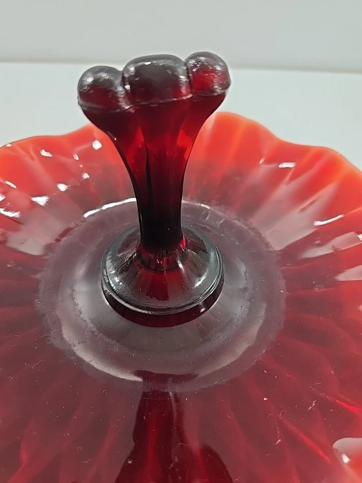Anchor Hocking Tidbit Mint Tray w/Center Handle Royal Ruby Red Glass Ruffled Rim - Image 4 of 4