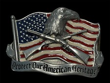 "PROTECT OUR AMERICAN HERITAGE" 2 A. BELT BUCKLE EAGLE, FLAG  CROSSED RIFLES 