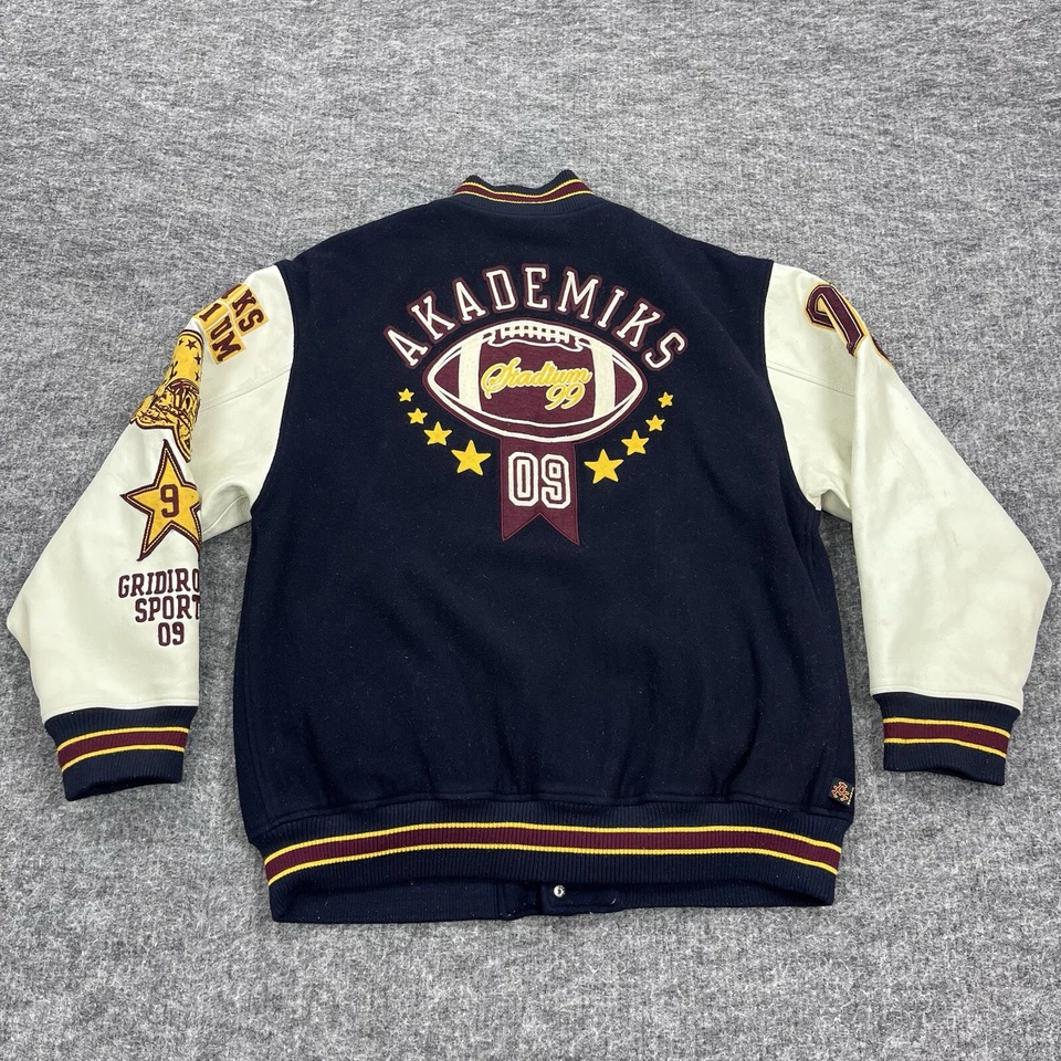 Akademiks Varsity Jacket Mens Extra Large Leather Wool Gridiron Sports Football - Image 2 of 4