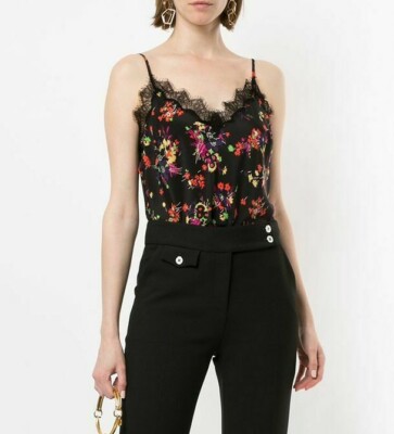 NWT $250: Veronica Beard Gil Floral Print Silk Cami w/Lace in Black Multi  Sz: 8