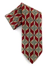 Rooster Mens Necktie 100% Silk Burgundy Multi Color Geometric Made in USA