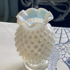 Fenton White Opalescent Hobnail Bud Vase Double Crimp Mini Mint 3 1/2