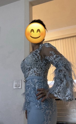 Light Blue Lace Formal Dress with Sheer Sleeves and Feather Embellishments