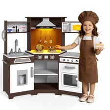 Wooden Brown Kids Pretend Play Kitchen Set Toddler Cooking Toys w/Lights,Sounds