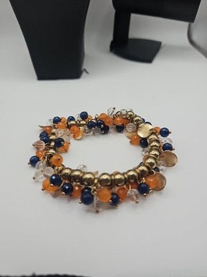 Vintage Bright Chacha Stretch Bracelet Gold Tone With Orange And Blue Beading
