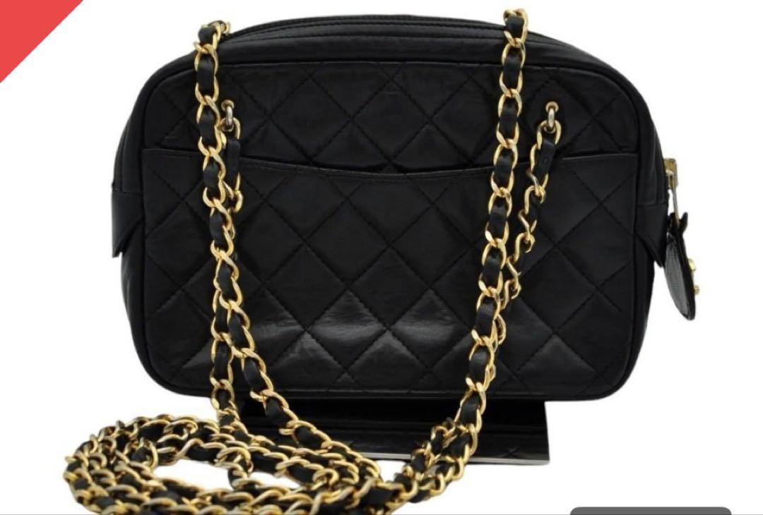 CHANEL Matelasse Lambskin Double Chain Shoulder Bag in Black #PG98U4
