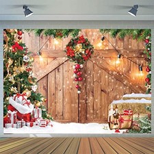 7x5FT Christmas Barn Wood Door Photography Backdrop Xmas Tree Snow Gift 7x5ft