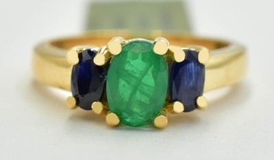 GENUINE 1.08 Cts EMERALD & BLUE SAPPHIRE RING 10K SOLID YELLOW GOLD -NWT