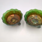 Vintage Fenton Butterfly & Berry Carnival Glass Iridescent Green Footed Bowls