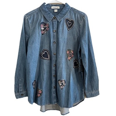 Coldwater Creek Women's PM Embroidered Denim Button Up Shirt Country Hearts