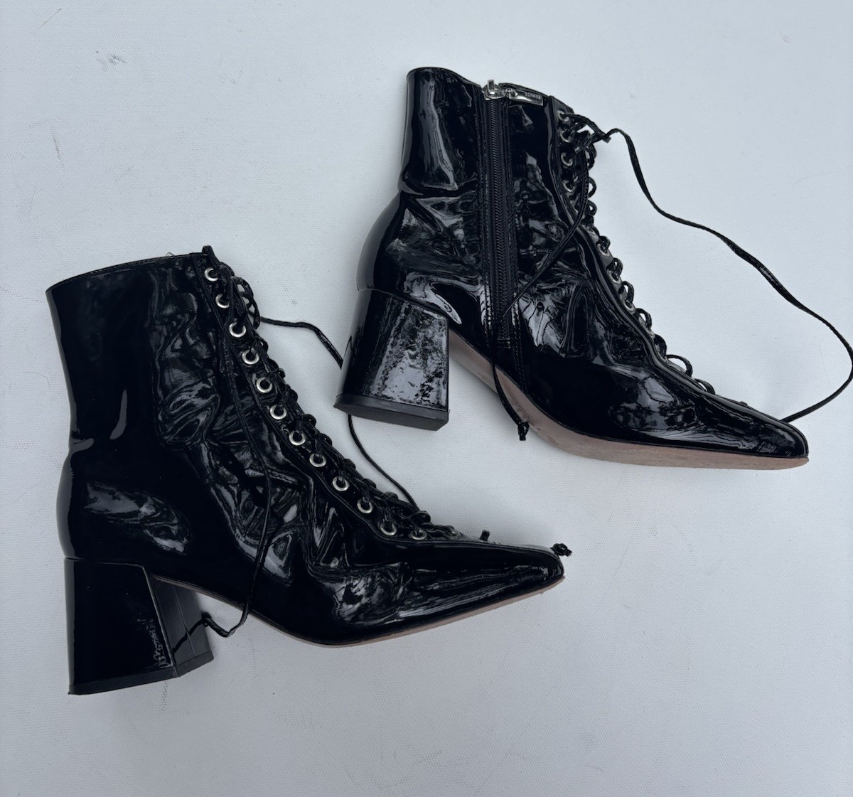 Schutz Kika Boots Black Patent Leather Lace Up Zip Close Heeled Shoes