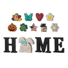 Glitzhome Interchangeable Home Table Signs with 13 Pcs Seasonal Icons Wooden