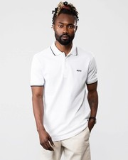 Image of BOSS Green Paddy Mens Cotton-Piqué Polo Shirt with Contrast Logo - White 100
