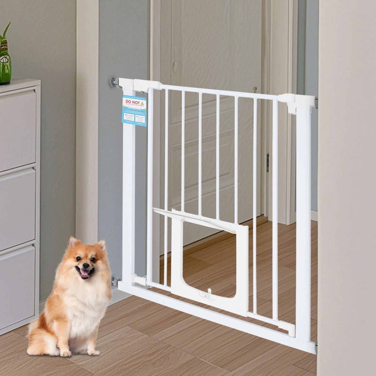 Rounded Corners Double-press Lock Baby Safety Gate W/ Pet Door Protect Babies