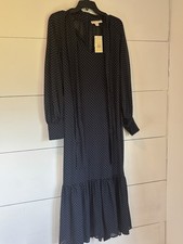 Michael Kors Polka Dot Georgette Tiered Midi Dress In Midnight Blue MSRP 225.00