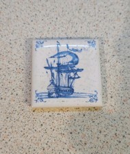 Vintage Miniature 5cm Square Tile, White Witn A Blue Galleon Ship Image.