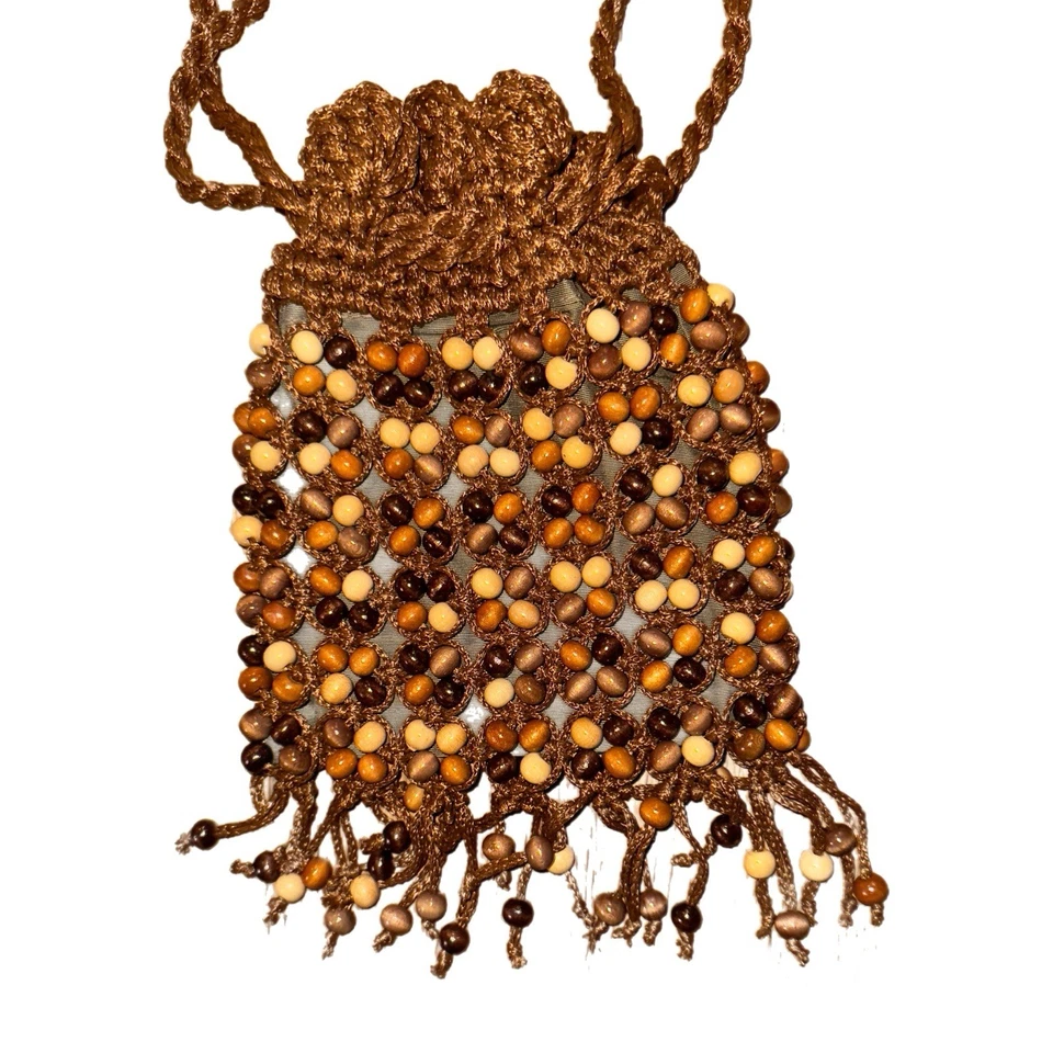 Bolso Cartera Mujer Vintage Con Cuentas WALBORG Marrón Cuentas Flecos Hecho a Mano en Japón Foto 4 de 4