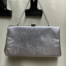 Vintage silver clutch with chain handle. Silver metallic