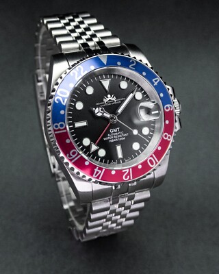 Vintage Blue Red GMT, Sapphire Crystal, Seiko NH34 Movement, 200m WR Mod Watch.