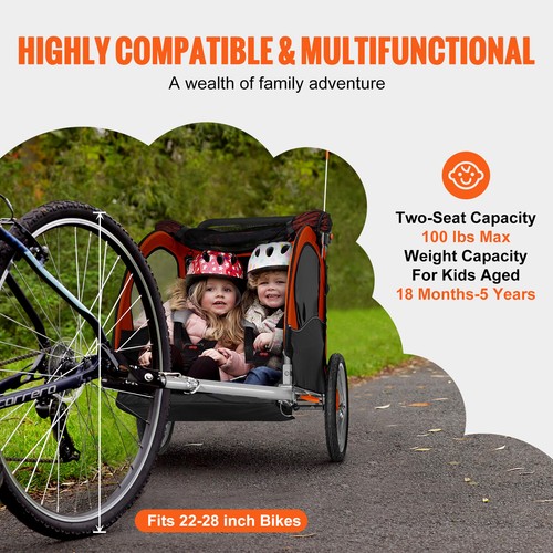 VEVOR Child Bike Trailer Foldable 2 Seater Stroller Double Kids Carrier 45 kg - Picture 4 of 12
