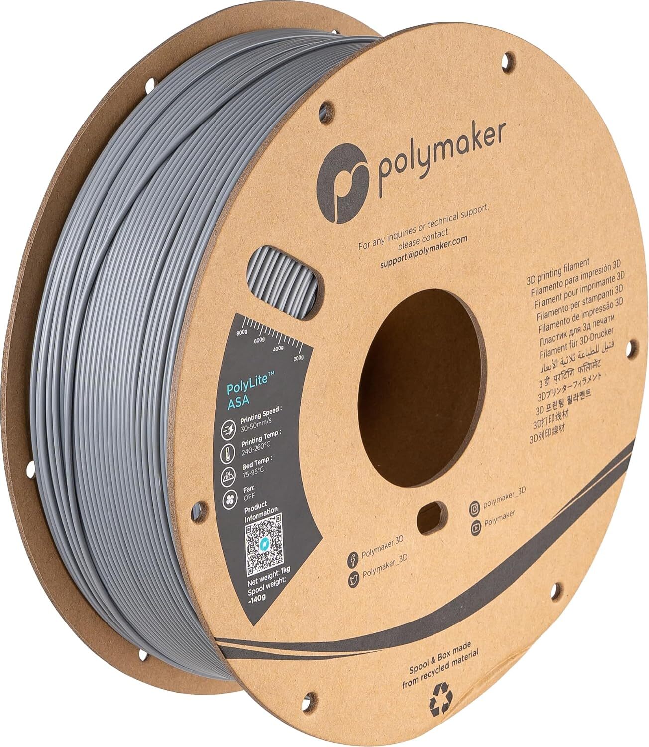 Polymaker PolyLite ASA Grigio - 1.75mm - 1kg Bobina di cartone grigio Asa da 1 k