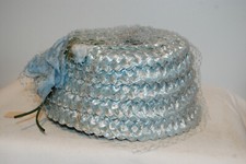 Vintage Ladies Blue/NETTED Woven Straw Pillbox Summer Floral Hat 1960 s