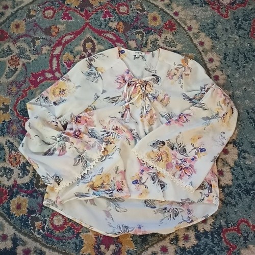 Umgee White Yellow Floral Print Lace Up Neckline Boho Peasant Blouse S
