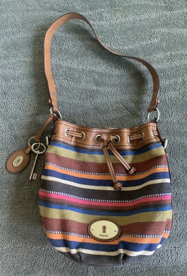 FOSSIL MADDOX LEATHER MULTICOLOR STRIPE CANVAS DRAWSTRING BUCKET