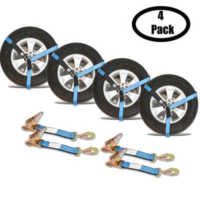 4 Pk Auto Car Haul Flatbed Tie Down Kit Lasso Wheel Ratchet Strap W Snap Hooks Ebay