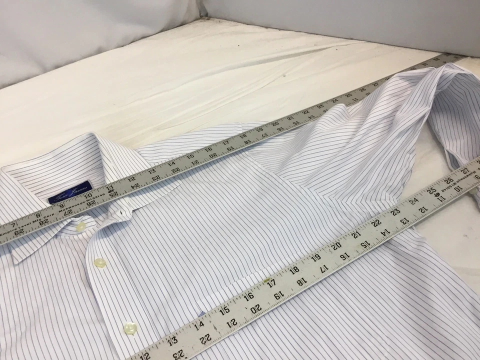 Tom James Custom Shirt 15 33 White Blue Stripe Cotton No Flaws YGI R1-557 - Image 2 of 4