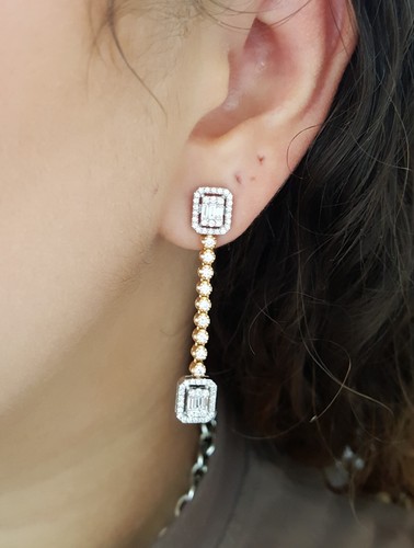 Round & Baguette Diamond Drop Dangle Earrings 1.65 ct 18K Gold Retail $4,995 - Picture 2 of 5