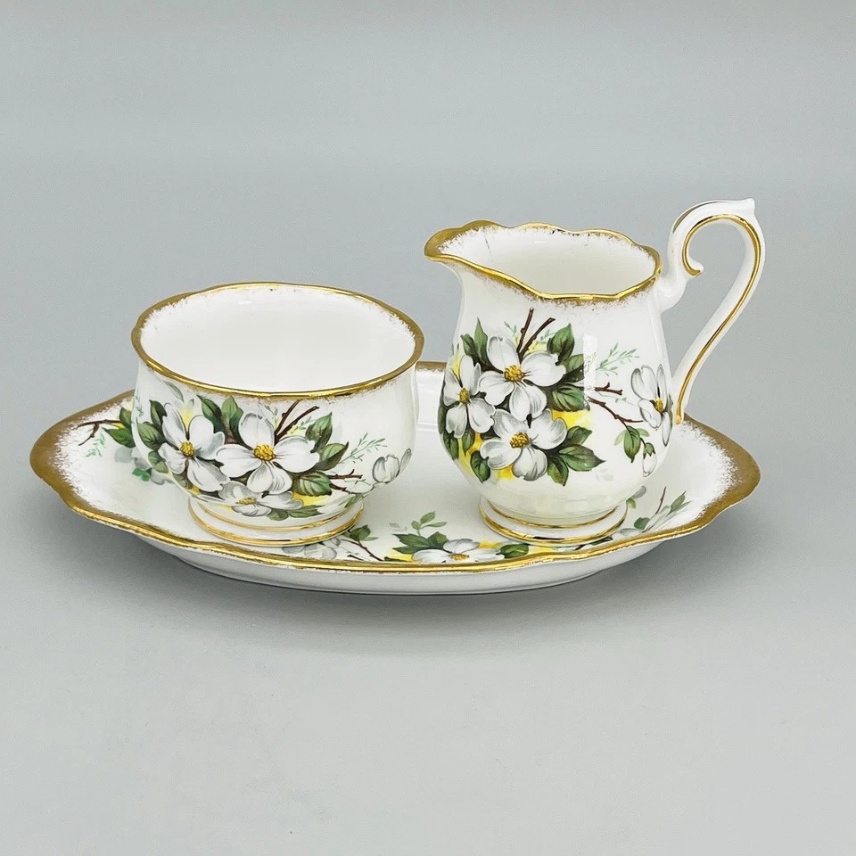 VTG Royal Albert Bone China WHITE DOGWOOD BRUSHED GOLD Creamer Open Sugar & Tray - Image 4 of 4