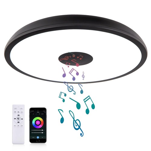 Black Smart Waterproof LED Ceiling Light Fixture,18W,with Bluetooth Speaker,R...