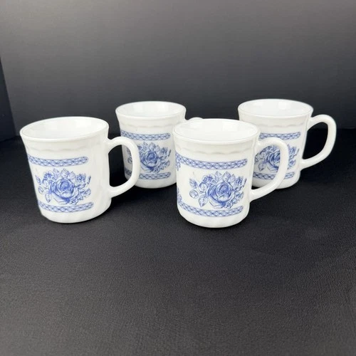 Arcopal France blue rose mugs set of 4 vintage milk glass coffee cups
