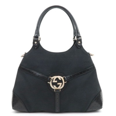 GUCCI Interlocking G Canvas Leather Shoulder Bag Black 114875 Authentic