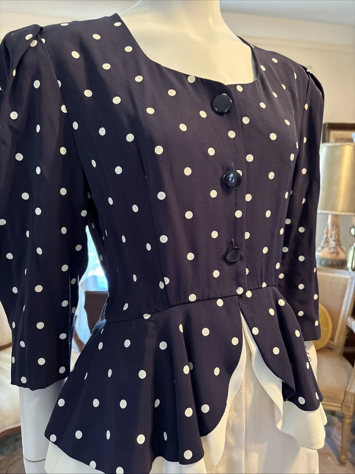 Винтаж 80-х/90-х S.L. Petites блейзер/куртка темно-синий с белый полкадоты размер 12 - Изображение 3 из 4