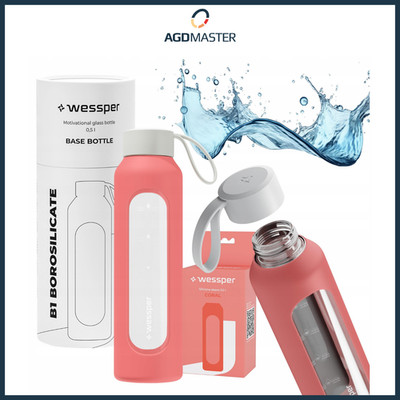 Trinkflasche Glas Wessper, BPA-Frei, Borosilikatglas Schutzhülle 500ml Coral