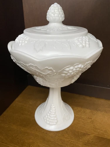 Indiana Glass Harvest Grape Pedestal Milk Glass Compote Dish w/Lid Vintage 10”