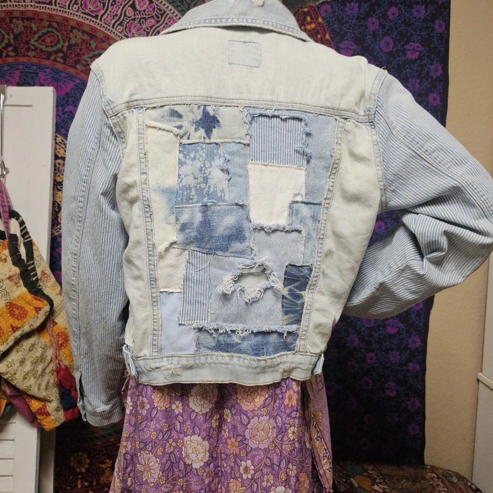 Chaqueta corta vaquera con retazos únicos reciclados/reciclados papaya L Foto 2 de 4