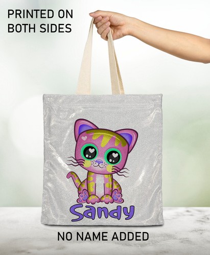 Cat Tote Bag Tablet/I pad/Gym/School/Library Bag Glitter - Personalised - Picture 3 of 13