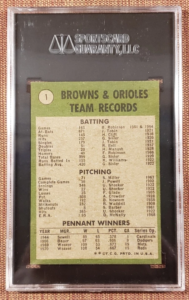 Tarjeta de béisbol 1971 Topps #1 Baltimore Orioles Robinson Palmer Boog Baylor SGC 7 Foto 3 de 3