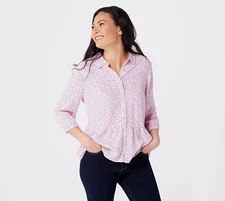 Denim & Co Size XL Pink Striped Star Print Collared 3/4 Sleeve Rayon Peplum Top