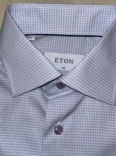 ETON MENS BLUE/PURPLE SLIM FIT MICRO CHECK DRESS SHIRT SIZE 15/33 270
