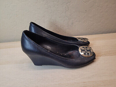 Tory Burch Peep Toe Sally Wedge Pumps 7.5 M Black Pebble Tory Burch Peep Toe Sally Wedge Pumps 7.5 M Black Pebble
