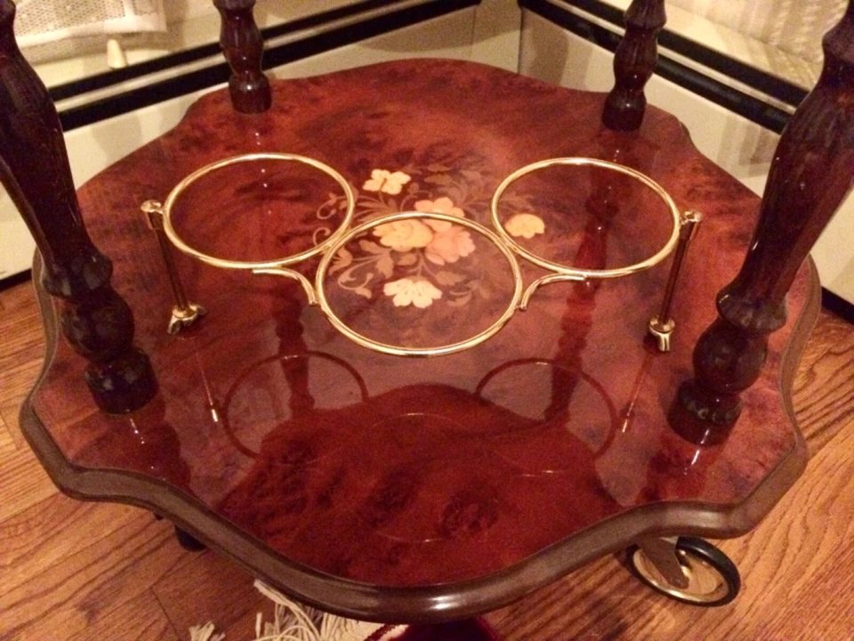 复古意大利红木镶嵌吧茶点车 2 层 8 侧手推车 — 第 4/4 张图片