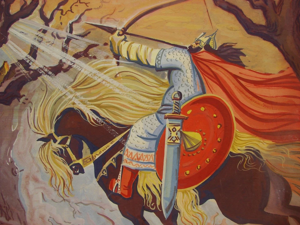 Ucraniano Soviético URSS Gouache Pintura Simbolismo Bogatyr Bylinas Caballero Jinete Foto 3 de 4